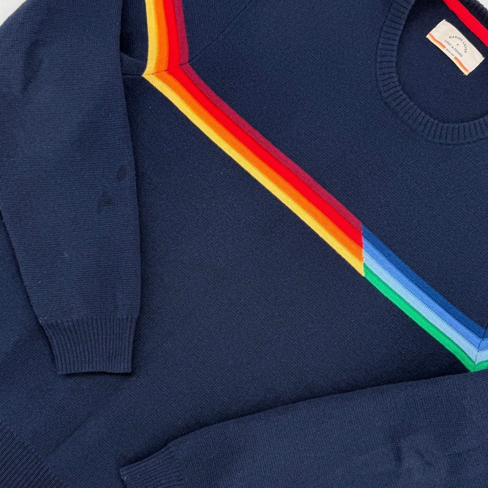 Marine Layer Rainbow Stripe Crewneck Sweater Mens Large Navy Blue Retro Exc